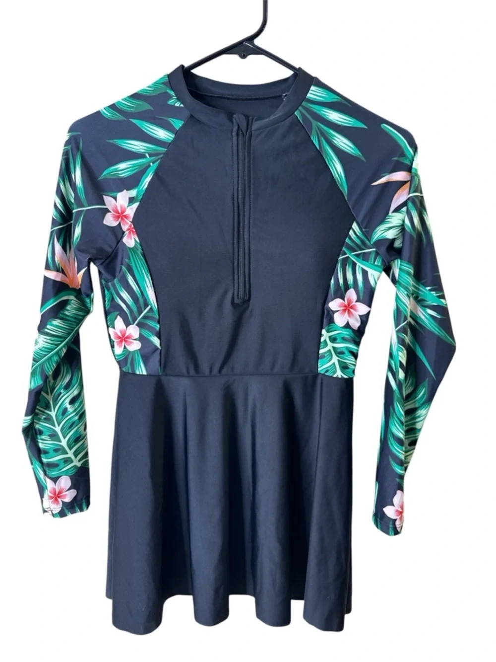 SHEIN Black Tropical Floral Long Sleeve Girls Swim Set new size 13y